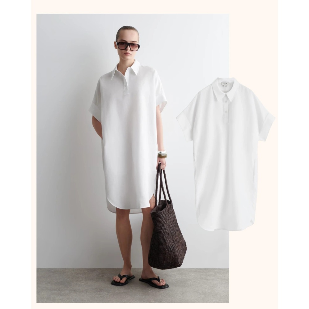 COS White Jangma Dress Rounded Hem Linen Blend Minimalist Size M